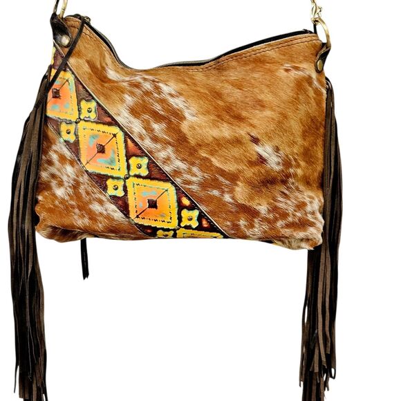 L3 Designs Cowhide Fringed Western Crossbody Bag Brown Yellow One Of A Kind - Picture 1 of 12